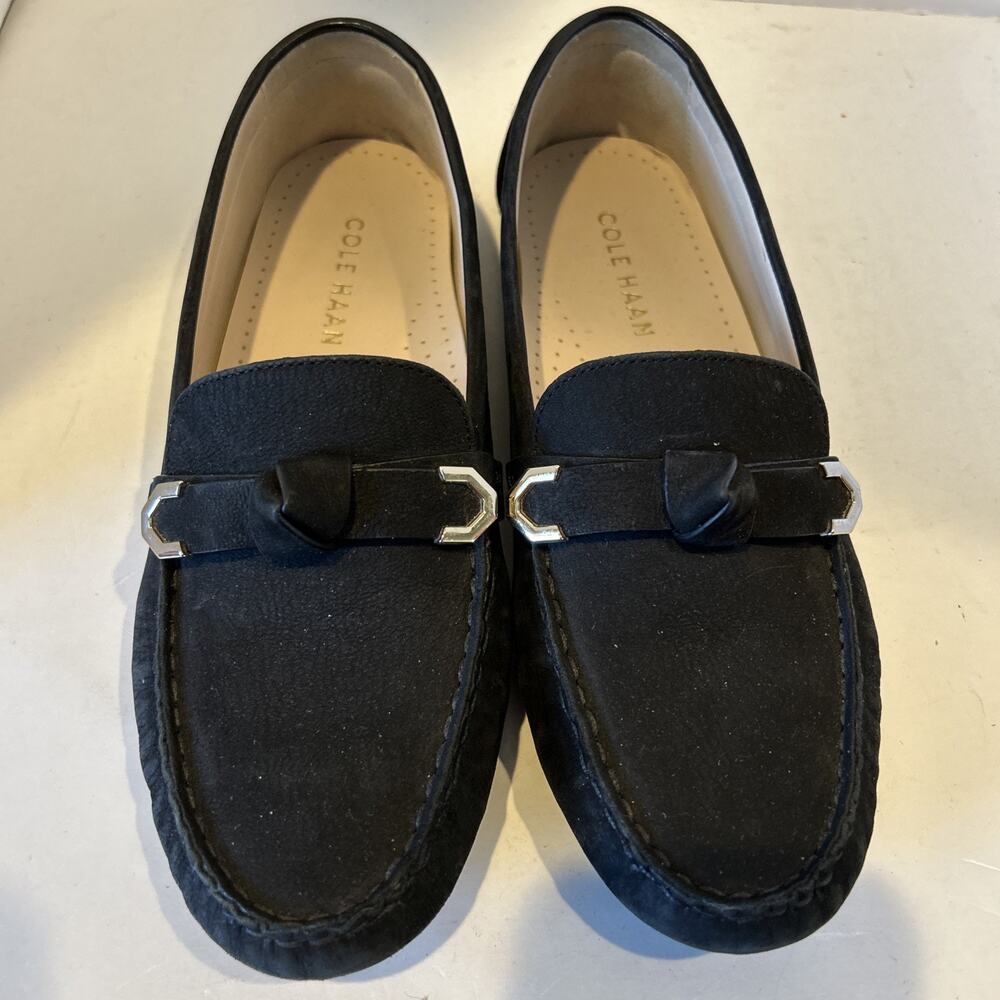 Cole Haan Women’s Evelyn Bow Drivers Size 7.5 B Black Leather Loafer Gold- READ